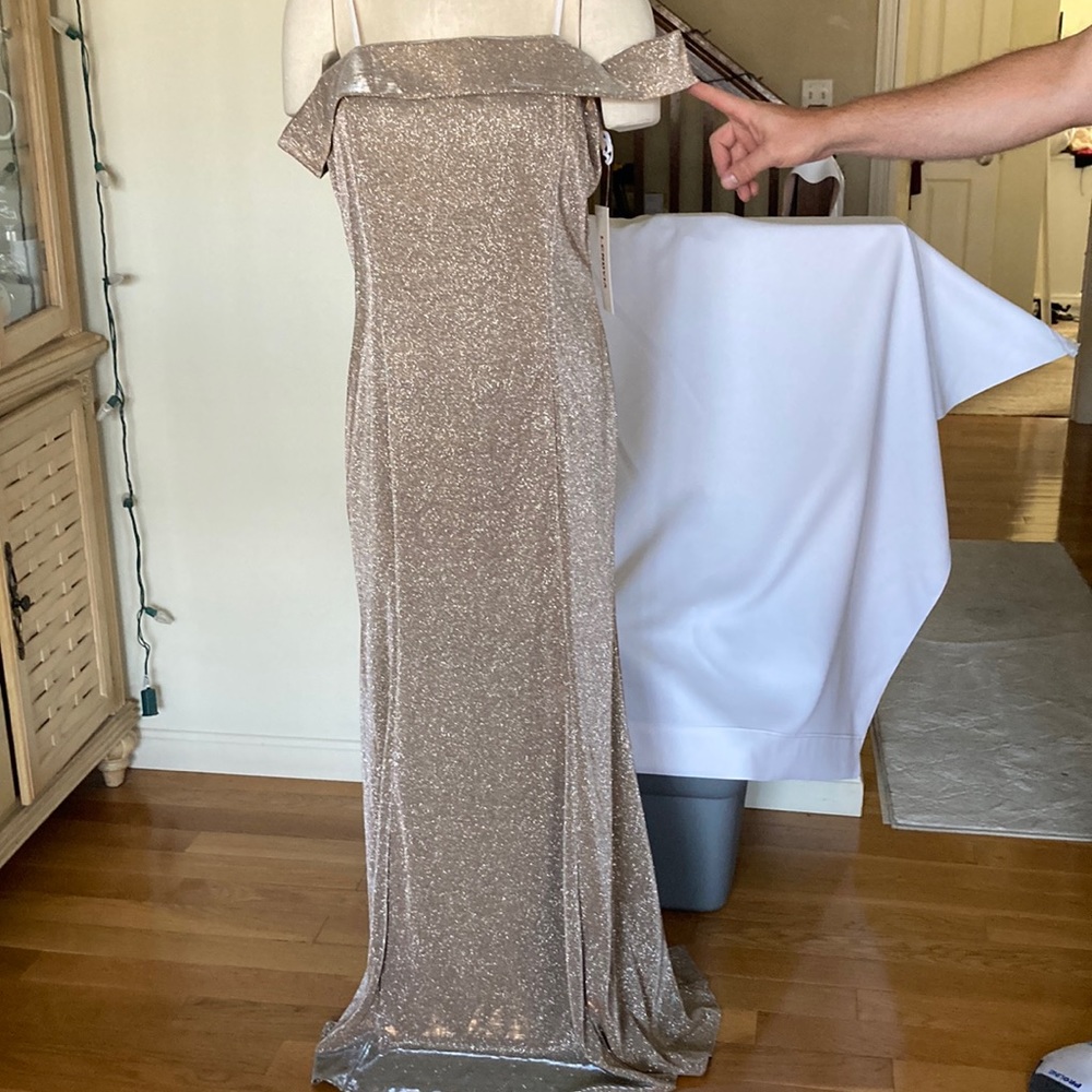 Gold shiny off shoulder formal gown, Sz 2XL